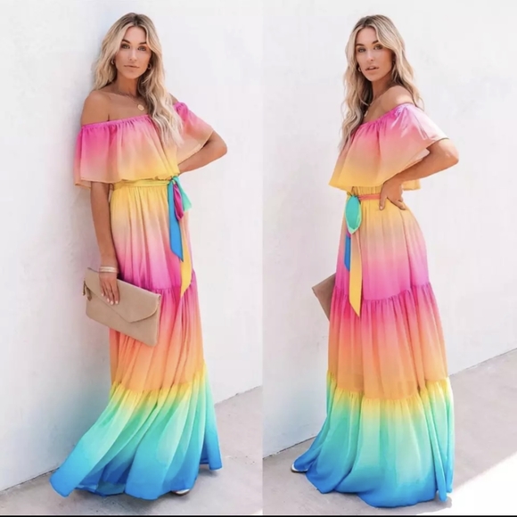 NWT Rainbow Ombre Boho Maxi Summer Dress S: Sm-Med - Picture 2 of 14